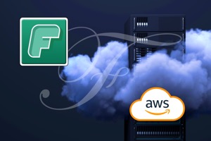 Picture of a cloud-based server rack with FontAgent and Amazon Web Services logos