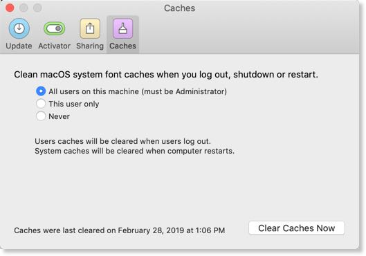 Screenshot of FontAgent caches preference dialog
