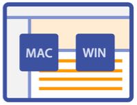 Graphic depicting a FontAgent screen with blue boxes with the words Mac and Win in them