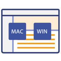 Graphic depicting a FontAgent screen with blue boxes with the words Mac and Win in them