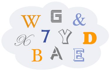 Graphic of assorted alphanumerics in various fonts contained in a cloud, depicting cloud-based font storage and control