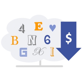 Graphic of fonts inside a cloud with a blue downward-pointing arrow with a dollar sign on it, depicting how FontAgent CloudServer lowers font costs