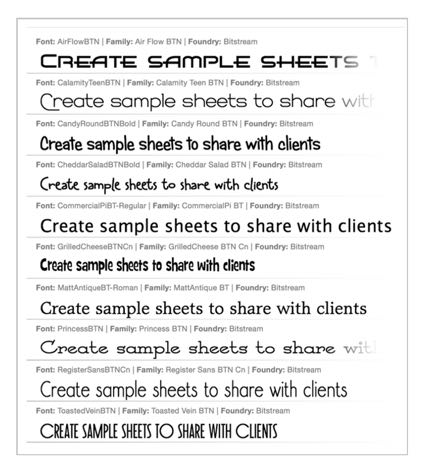Font sample sheet showing a text string set in a variety of user-selected fonts