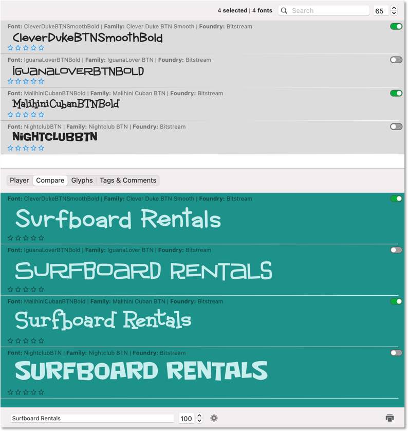 Screenshot of FontAgent's List View syncing with its Compare View