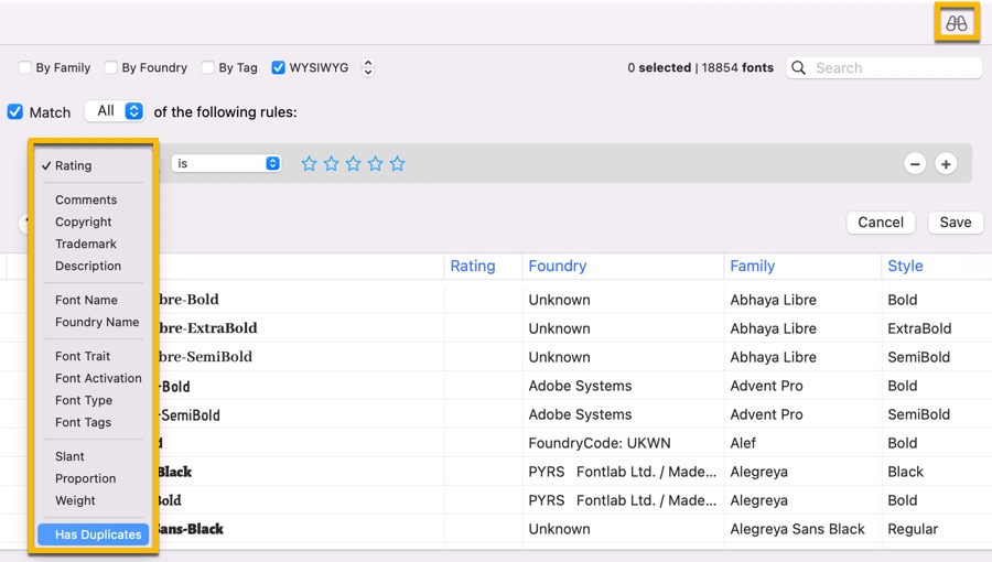 Screenshot of quick search facility in FontAgent client