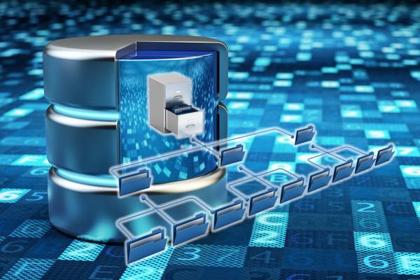 Stylized blue image of file cabinet and folder hierarchy inside a disk storage cylinder