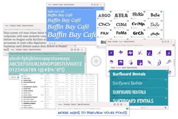 Collage of colorful screenshots of the FontAgent 10 for Mac application interface