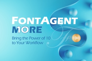 FontAgent 10 image of white and blue text on light blue background image of colored spheres