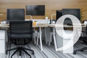 Large white number 9 floating over an image of a modern office