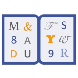 Blue and orange book-like icon depicting a font catalog