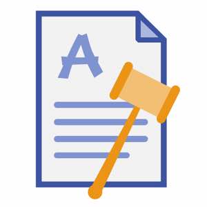 Orange and blue iconic image of a font license and legal gavel