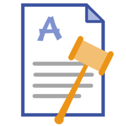 Orange and blue iconic image of a font license and legal gavel