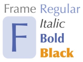 Graphic of a font family depicting regular, italic, bold and black styles of the fonts