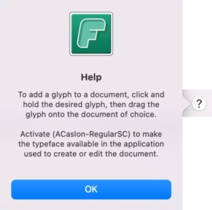 Screenshot of dialog explaining how to copy a glyph in FontAgent