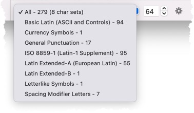 Screenshot of character set menu in FontAgent's Glyphs View