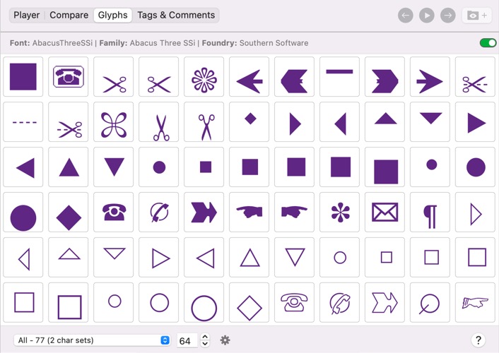 Screenshot of the Glyphs View in FontAgent showing a grid of glyphs in a font file