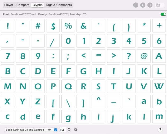 Screenshot of the Glyphs View in FontAgent showing a grid of glyphs in a font file
