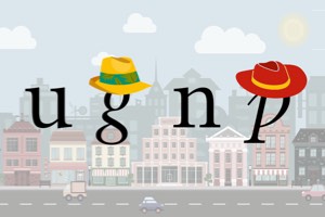 Graphical image of a cityscape overlaid with regular and italic letters sporting colorful hats