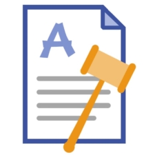 Orange and blue iconic image of a font license and legal gavel