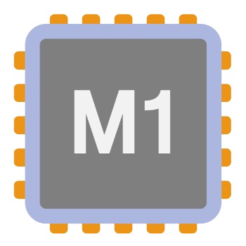 Blue, orange and grey icon of an Apple M1 semiconductor chip