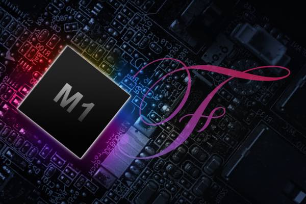 Image of an Apple M-class processor and a script F against a circuit board