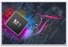 Image of an Apple M-class processor and a script F against a circuit board
