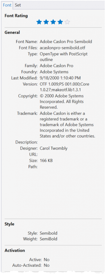 Screenshot of FontAgent for Mac Properties Sidebar that shows descriptors, metrics and metadata for fonts
