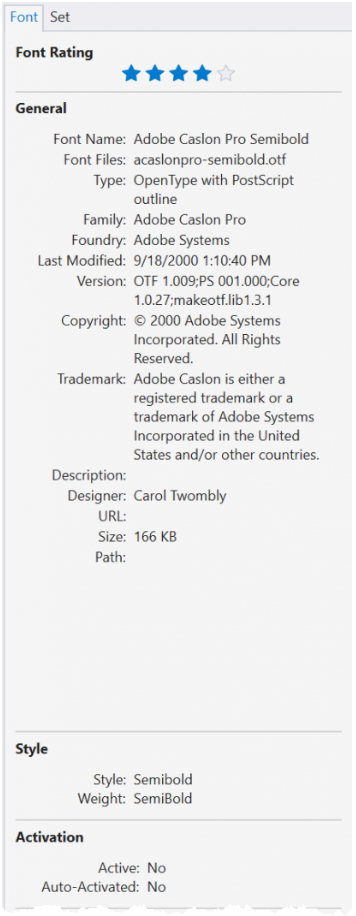 FontAgent for Mac Properties Sidebar