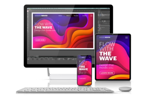 Colorful images of QuarkXpress running on Apple Mac, iPad and iPhone devices