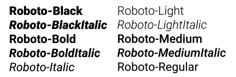 Ten fonts in the Roboto family, each with different characteristics