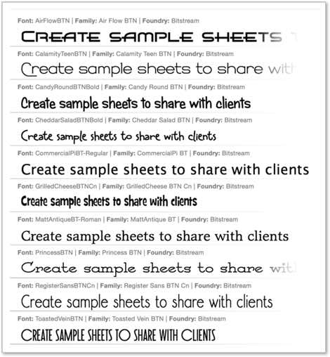 Screenshot of a sample sScreenshot of a sample sheet in FontAgent's Compare View displaying the same text string in a variety of fonts