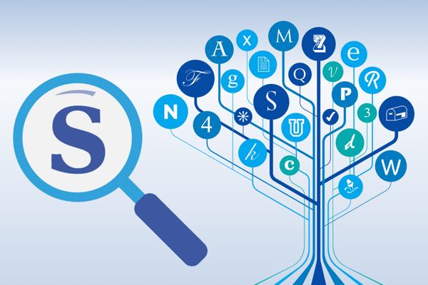 Image of an abstract tree full of fonts and a magnifying glass, signifying how FontAgent's Smart Search facility helps you find the fonts you need fast