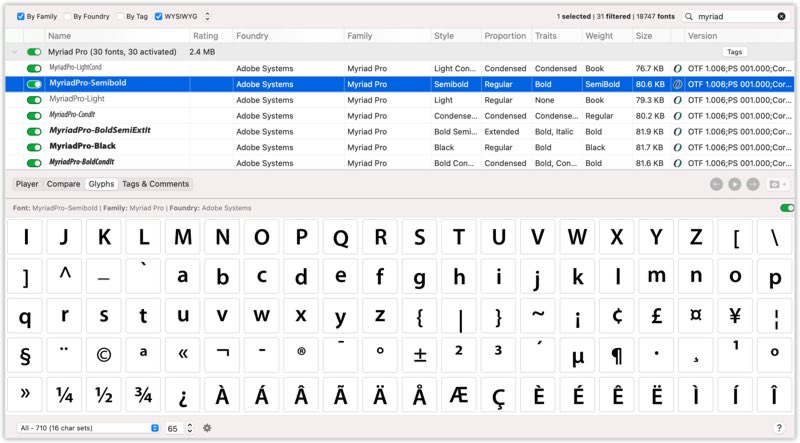 Screenshot of FontAgent's Table View synchronized with the Glyphs View to enable you to inspect the individual characters in the selected font