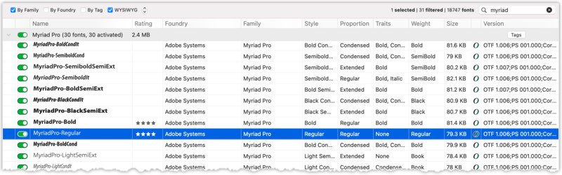 Screenshot of FontAgent's Table View selecting all Myriad fonts in your font collection