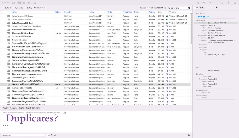 Screenshot of the Tables View and Property Inspector in FontAgent font manager