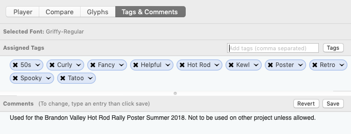 Screenshot of the Tags & Comments View in FontAgent
