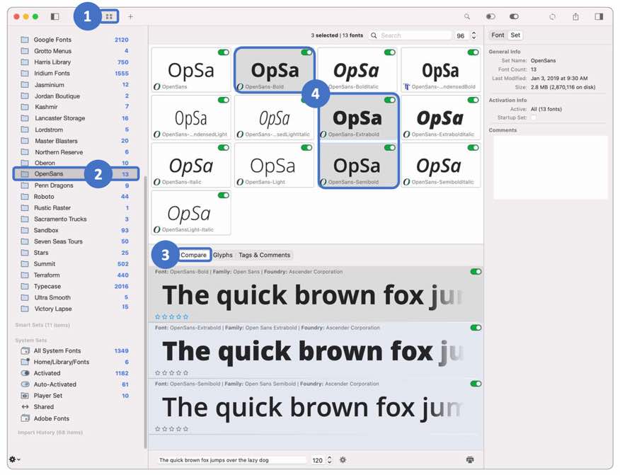 Screenshot showing how to use FontAgent's Tile View and Compare View to select fonts