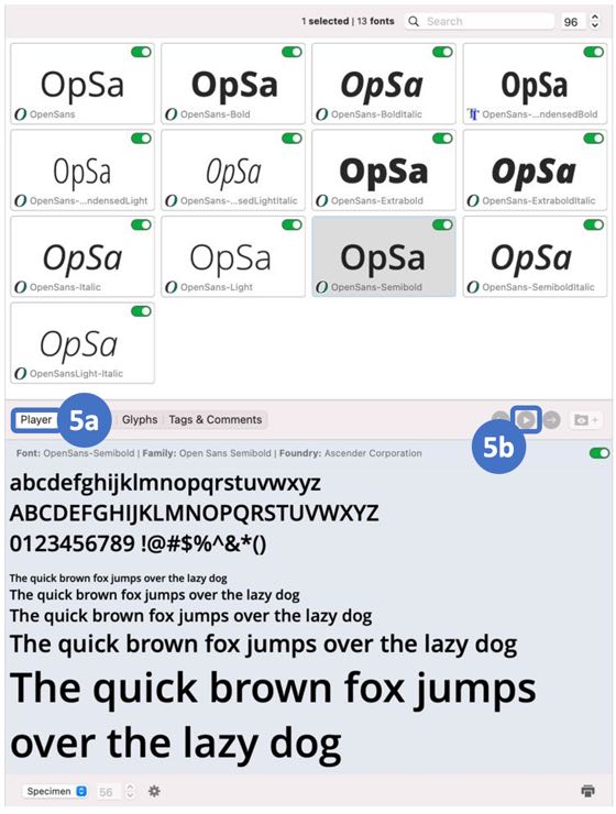 Screenshot showing how to use FontAgent to show a font family and play through its member fonts