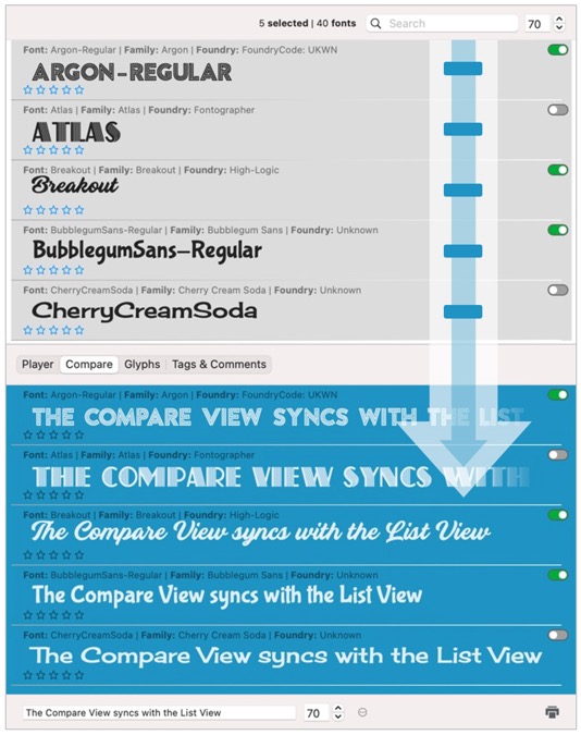 Blue and grey annotated image depicting how you can sync FontAgent's Image and Compare views