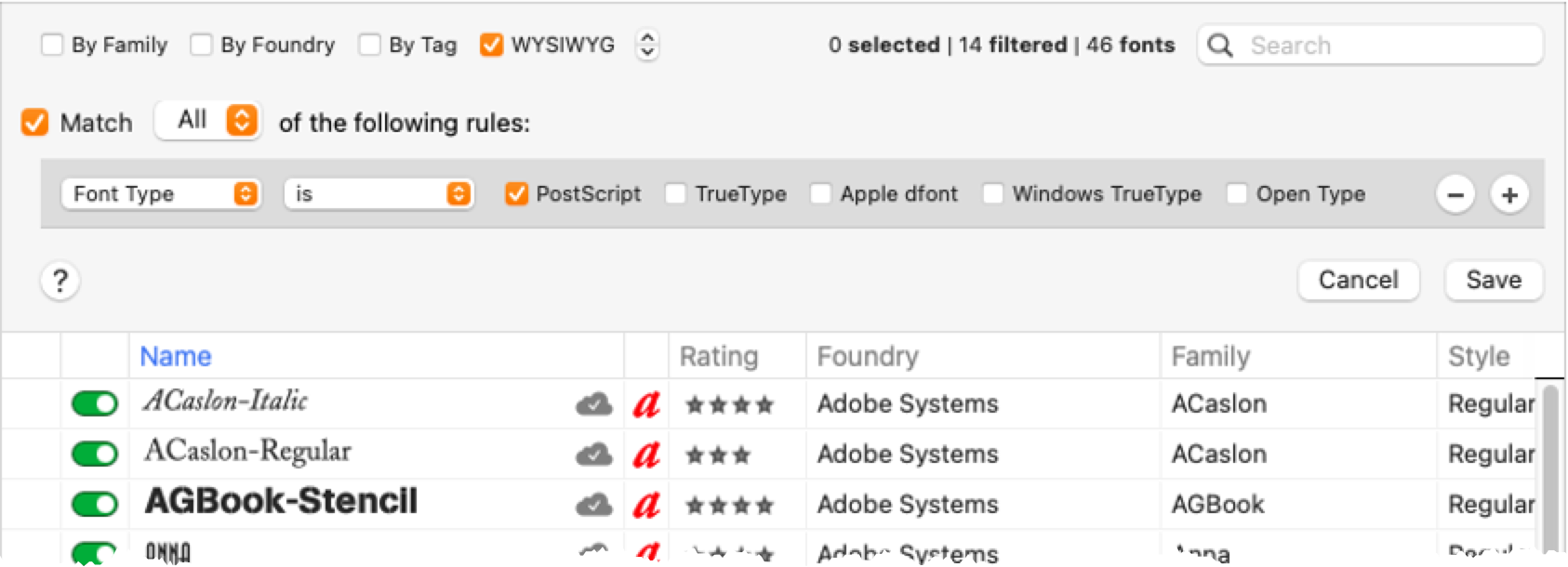 Screenshot of FontAgent's search facility finding all PostScript Type 1 fonts in a font collection