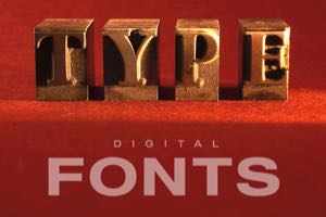 Metallic type against a red background overlaid with the words "Digital Fonts"