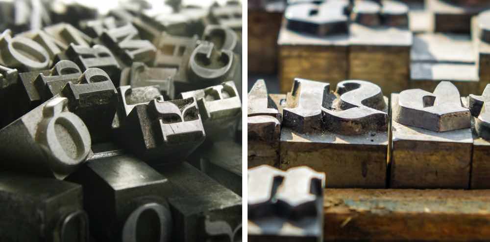 Image of metallic founds used as settable type on early printers