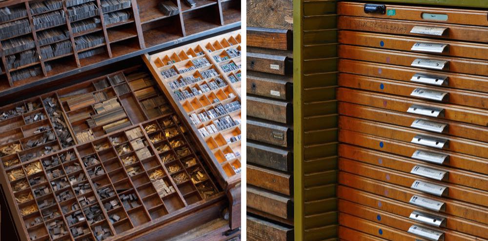 Split image of a case of movable pieces of type on the left and drawers in a type cabinet on the right