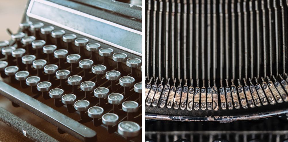 Split image of an antique typewriter showing its keyboard on the left and its type bars on the right